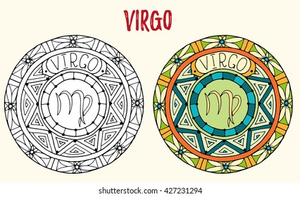 Zodiac signs theme. Black and white and colored mandalas with virgo zodiac sign. Zentangle mandala. Hand drawn mandala zodiac for tattoo art, printed media design, stickers, coloring book pages. 