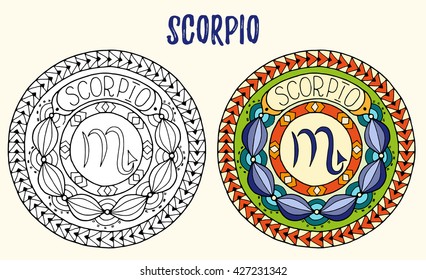 Zodiac signs theme. Black and white and colored mandalas with scorpio zodiac sign. Zentangle mandala. Hand drawn mandala zodiac for tattoo art, printed media design, stickers, coloring book pages. 