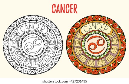 Zodiac signs theme. Black and white and colored mandalas with cancer zodiac sign. Zentangle mandala. Hand drawn mandala zodiac for tattoo art, printed media design, stickers, coloring book pages. 