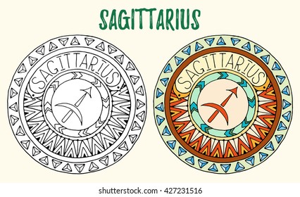 Zodiac signs theme. Black and white and colored mandalas with sagittarius zodiac sign. Zentangle mandala. Hand drawn mandala zodiac for tattoo art, printed media design, stickers, coloring book pag. 