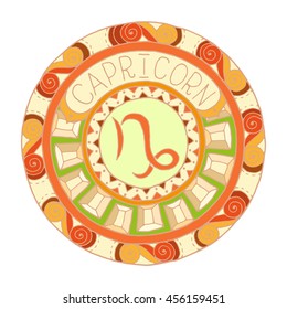 Zodiac signs theme. Black and white and colored mandalas with capricorn zodiac sign. Zentangle mandala. Hand drawn mandala zodiac for tattoo art, printed media design, stickers, coloring book pages.