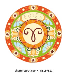 Zodiac signs theme. Black and white and colored mandalas with aries zodiac sign. Zentangle mandala. Hand drawn mandala zodiac for tattoo art, printed media design, stickers, coloring book pages.
