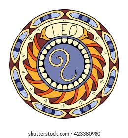 Zodiac signs theme. Mandala with leo zodiac sign. Zentangle inspired mandala. Hand drawn tribal mandala horoscope symbol for tattoo art, printed media design, stickers, etc.