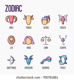 Zodiac signs thin line icons for banner with horoscope, web site or background. Vector illustration.