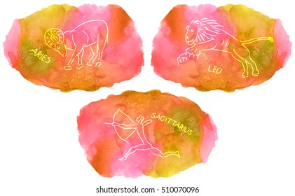 Zodiac Signs triplicity elements of fire on watercolor background, Aries, Leo, Sagittarius