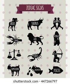 Zodiac signs. Vector. All zodiac signs in silhouettes concept: Taurus, Leo, Gemini (Twin), Capricorn, Pisces, Scorpio, Aquarius, Aries, Cancer, Virgo, Libra and Saggitarius.EPS 10.Fabric print design.