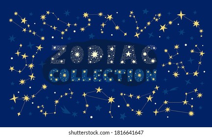 Zodiac signs vector collection of 12 horoscope constellations isolated on midnight blue background. Aries, Taurus, Leo, Gemini, Virgo, Scorpio, Libra, Aquarius, Sagittarius, Pisces, Capricorn, Cancer.