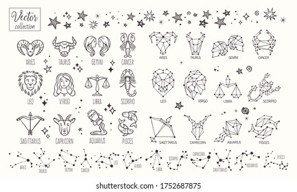 Zodiac signs. Vector Hand Drawn. Collection zodiacal animals illustration. Constellations. Aries, Taurus, Leo, Gemini, Virgo, Scorpio, Libra, Aquarius, Sagittarius, Pisces, Capricorn, Cancer.