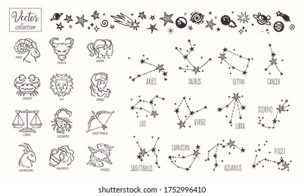 Zodiac signs. Vector Hand Drawn. Collection zodiacal animals illustration. Constellations. Aries, Taurus, Leo, Gemini, Virgo, Scorpio, Libra, Aquarius, Sagittarius, Pisces, Capricorn, Cancer.