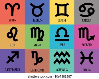 Zodiac signs. Vector horoscope. Aquarius, virgo, capricorn, sagittarius, aries, gemini, scorpio, libra, leo, pisces, taurus, cancer. Astrological calendar collection. Zodiacal color icon, symbol