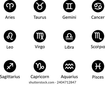 Zodiac signs, vector. Horoscope. Aries, Taurus, Gemini, Cancer, Leo, Virgo, Libra, Scorpio, Sagittarius, Capricorn, Aquarius and Pisces.	