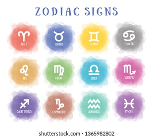 Zodiac signs. Vector horoscope. Smoky circle. Line symbol. Aquarius, libra, leo, taurus, cancer, pisces, virgo, capricorn, sagittarius, aries, gemini, scorpio. Astrological calendar collection