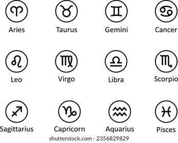 Zodiac signs, vector. Horoscope. Zodiac signs symbols: Aries, Taurus, Gemini, Cancer, Leo, Virgo, Libra, Scorpio, Sagittarius, Capricorn, Aquarius and Pisces.