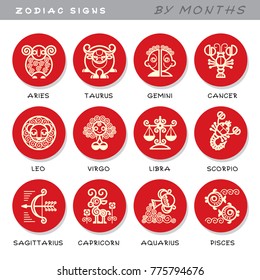 Zodiac signs - vector icons of animals by months, symbols of astrological calendar.
Set of cute illustrations in cartoon style. Pictures isolated on white background.