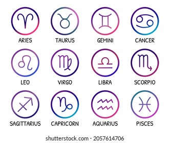 Zodiac signs. Vector icons set. Zodiac symbols bright gradient trendy design. Astrological elements isolated. 