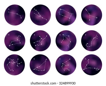 Zodiac signs vector illustration. Set of zodiac constellations. Vector space and stars illustration. Horoscopes bright stars in cosmos