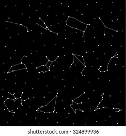 Zodiac signs vector illustration. Vector sky map, constellations, stars. Set of zodiac constellations. Vector space and stars illustration. Horoscopes bright stars in cosmos