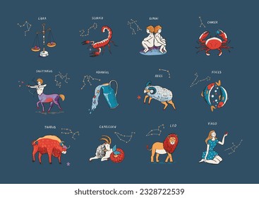 Se establecen ilustraciones vectoriales de signos zodiacales.