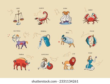 Se establecen ilustraciones vectoriales de signos zodiacales.