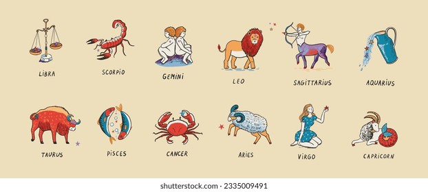 Se establecen ilustraciones vectoriales de signos zodiacales.