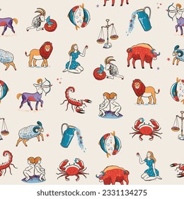 Zodiac signs vector seamless pattern.