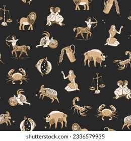 Zodiac signs vector seamless pattern.