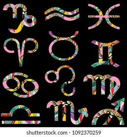 Zodiac signs. Vector set. 12 Astrological ornamental zodiac symbols. Modern beautiful design. Aries, Taurus, Gemini, Cancer, Leo, Virgo, Libra, Scorpio, Sagittarius, Capricorn, Aquarius, Pisces.