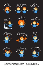Zodiac signs vector set isolated on black background. Cartoon funny characters. Design elements for flyers or banners.