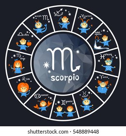 Zodiac signs vector set isolated on dark background. Cartoon funny characters. Design elements for calendars or cards.