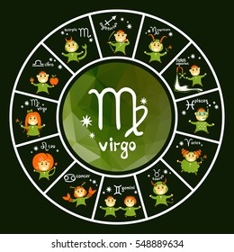 Zodiac signs vector set isolated on green background. Cartoon funny characters. Design elements for calendars or cards.