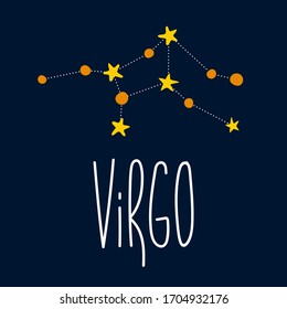 Zodiac signs. Virgo symbol. Constellation on dark blue background. Astrology. Doodle and freehand drawing in the modern style. Scandinavian style clipart. Vector illustration.