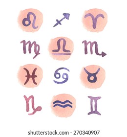Zodiac signs. watercolor zodiac signs. love horoscope. female horoscope. Set of simple round zodiac icons. Zodiac Symbol icons on color background. Vector illustration. 
