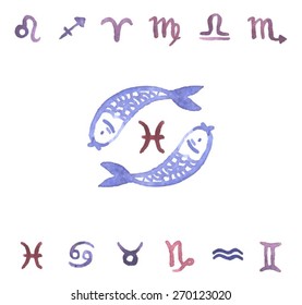 Zodiac signs. watercolor zodiac signs. Set of simple zodiac icons. blue and violet Zodiac Symbol icons. Vector set. love horoscope. female horoscope. Horoscopes vector illustration. Pisces