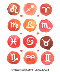 Zodiac signs. watercolor zodiac signs. Set of simple round zodiac icons. Zodiac Symbol icons on color background. Vector illustration. love horoscope. female horoscope.