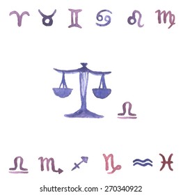 Zodiac signs. watercolor zodiac signs. Set of simple zodiac icons. blue and violet Zodiac Symbol icons. Vector set. love horoscope. female horoscope. Horoscopes vector illustration. Libra