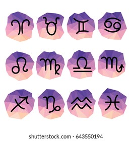 Zodiac signs web buttons vectors. Horoscope symbols in abstract polygon color background. Astrological chart design banners.