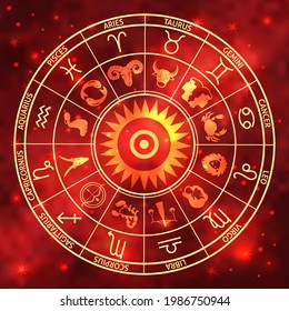 zodiac signs wheel, horoscope shapes and symbols, round astrological chart on red background