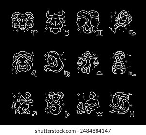 Zodiac signs, white line icons. Horoscope symbols Aries, Taurus, Gemini, Cancer, Leo, Virgo, Libra, Scorpio, etc. Ideal for astrological and spiritual themes. black background. Editable stroke.