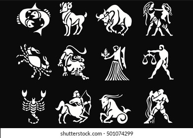 Zodiac signs white on a black background, horoscope