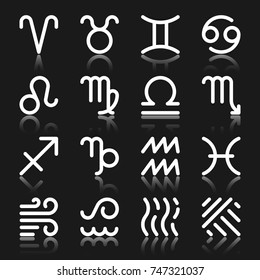 Zodiac Signs white silhouette with reflection icon set. Monochrome flat design twelve horoscope and four forces element astrology symbol collection. Simple graphic pictogram pack. Vector illustration