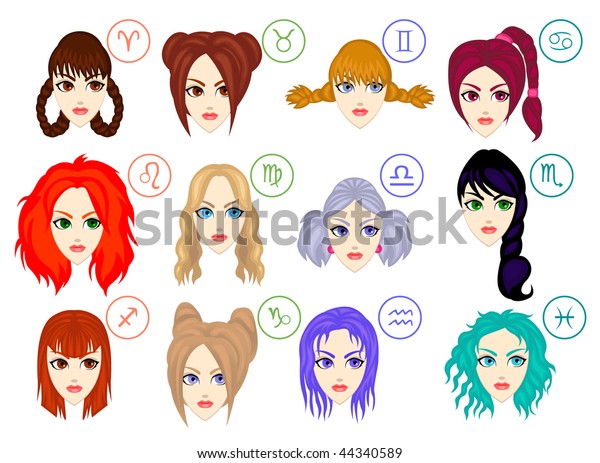 Zodiac Signs Women Different Hairstyles Stock Vektorgrafik