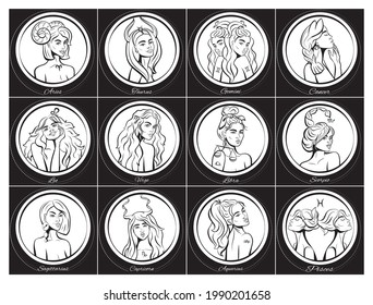 Zodiac signs, women, horoscope. Line art, ideal for poster, print, postcard, colouring book.	
