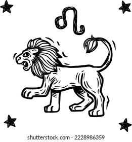 Zodiac signs in woodcut style. Lion