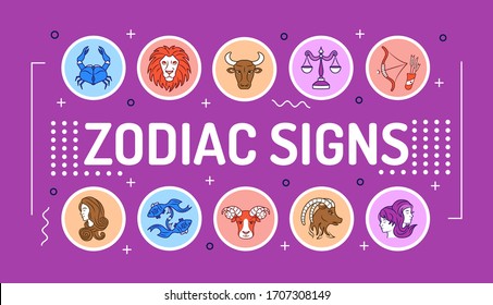 Zodiac signs word lettering typography. Astrology. Horoscope. Infographics with linear icons on violet background. Creative idea concept. Isolated outline color illustration.