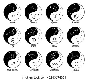 Zodiac signs, yin yang design with constellations. Set of monochrome silhouette symbols. Vector design concept with astrological zodiac signs names. Horoscope icon.