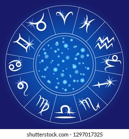 Zodiac signs. Zodiacal round. Astrological calendar, line vector horoscope on bright blue background