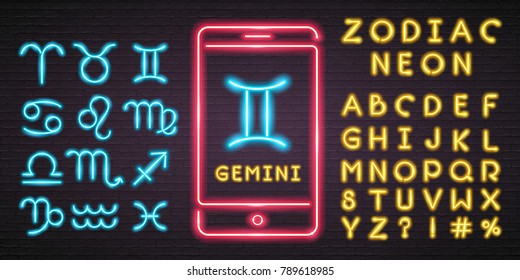 Zodiac SignSet with Phone Symbol Neon Light Glowing Bright, Advertising. Alphabet Neon Set Yellow Colour