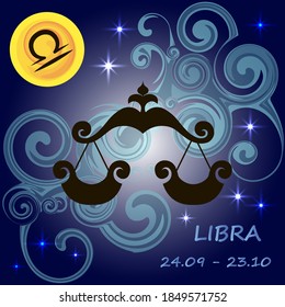 Zodiac silhouette Libra placed on a dark blue background with stars, moon and decorative elements.