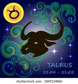 Zodiac silhouette Taurus placed on a dark blue background with stars, moon and decorative elements.