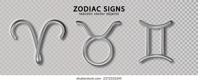 Zodiac silver signs Aries, Taurus, Gemini, with shadow isolated on transparent background. Luxury 3d realistic signs for astrology horoscope predictions.